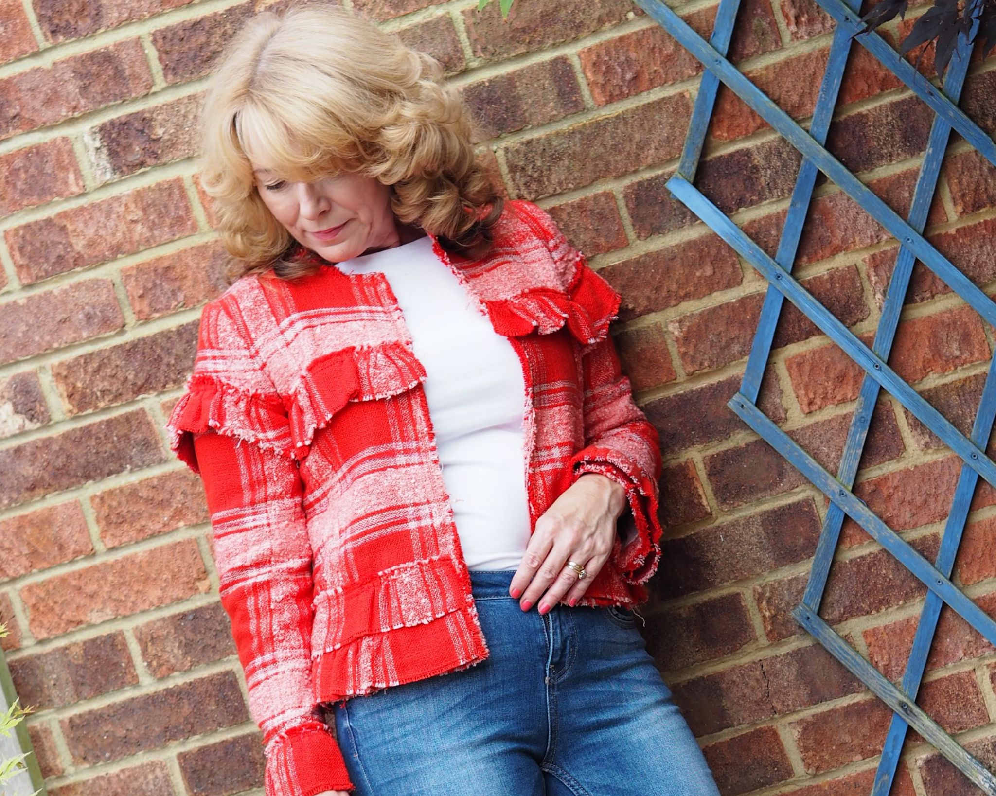 red frayed hem jacket